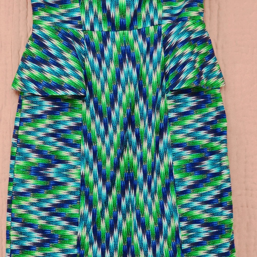 Milly Sheath Dress 2 Blue Green Abstract Peplum Geometric Sleeveless Mini Y3K